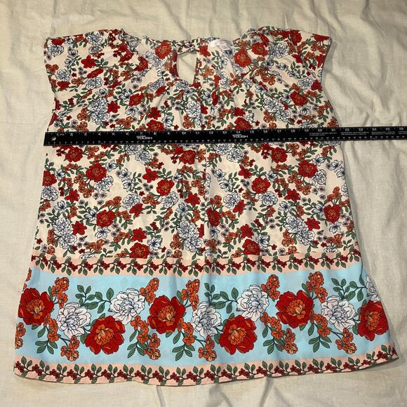 LC Lauren Conrad Floral Tie Back Womens L Shirt Pink Red Blue Pleated Neck EUC - Picture 7 of 9